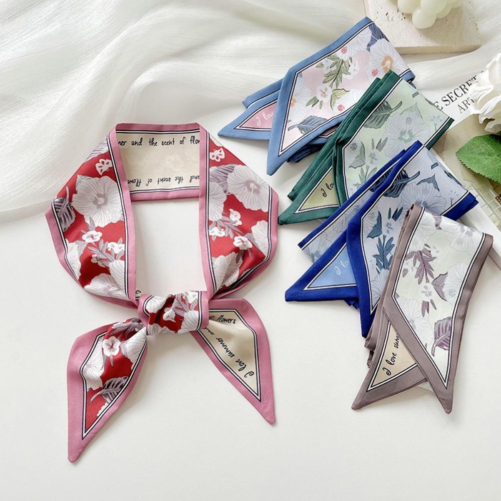 Summer Floral Silk Satin Scarf Long Narrow Thin Tied Hairband Neckerchief Bag Decoration Vacation Headscarf