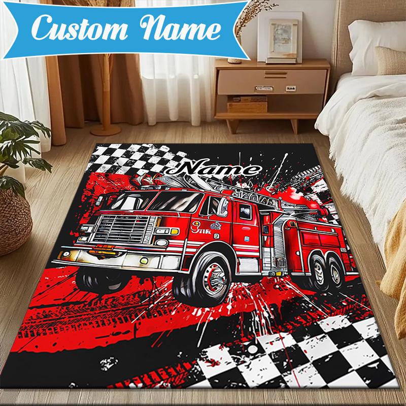 Custom Name Cartoon Excavator Rug for Living Room, Game Rooms, Office, Bedroom, Floor Mat Playful Design, fan gifts Christmas decor