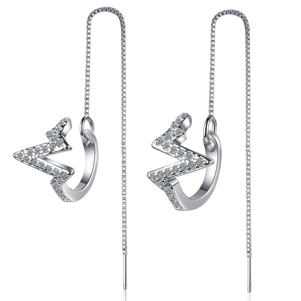 Simple Female Wedding   Sterling Silver Long Tassel Wave with AAA Zircon Earrings for Women Fashion Statement Bijoux