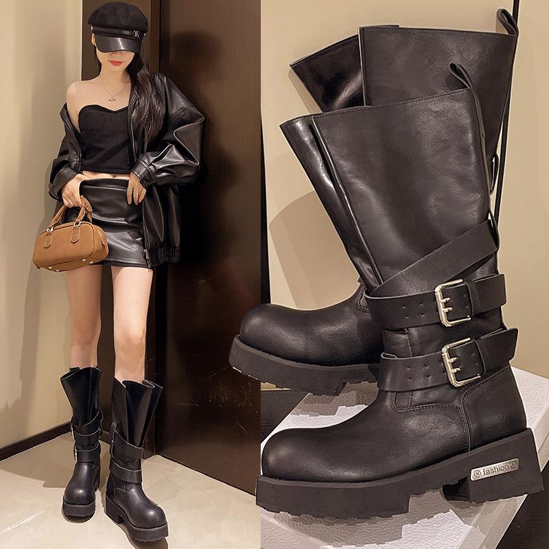 Dark retro belt buckle venom boots 2025 summer new bundle big tube circumference thick bottom heightening punk locomotive boots
