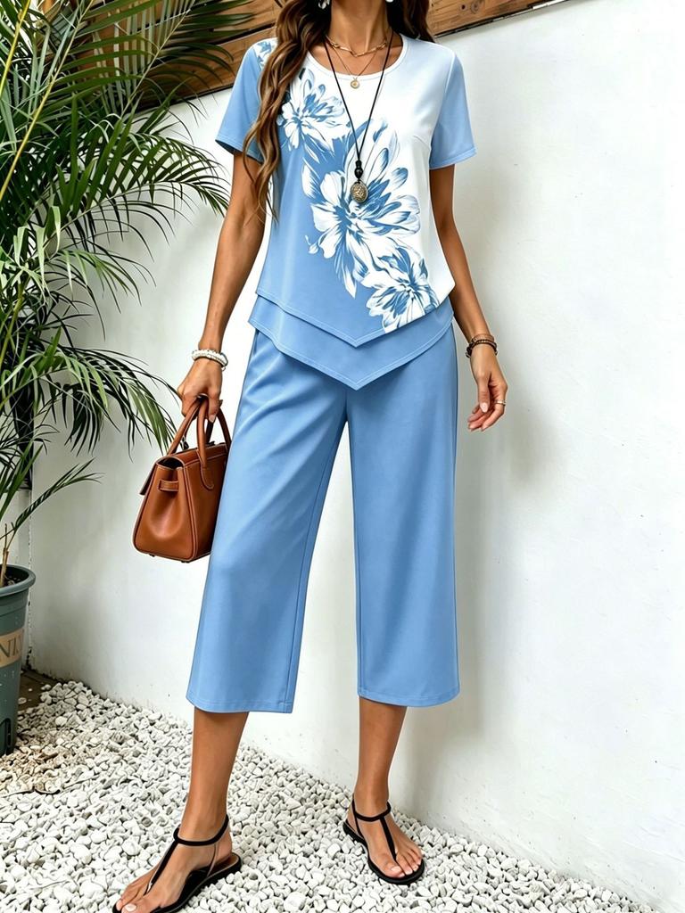 European and American Cross-border TK Amazon Temu2026 Summer Fashion Printing Irregular Top Cropped Pants Two-piece Set