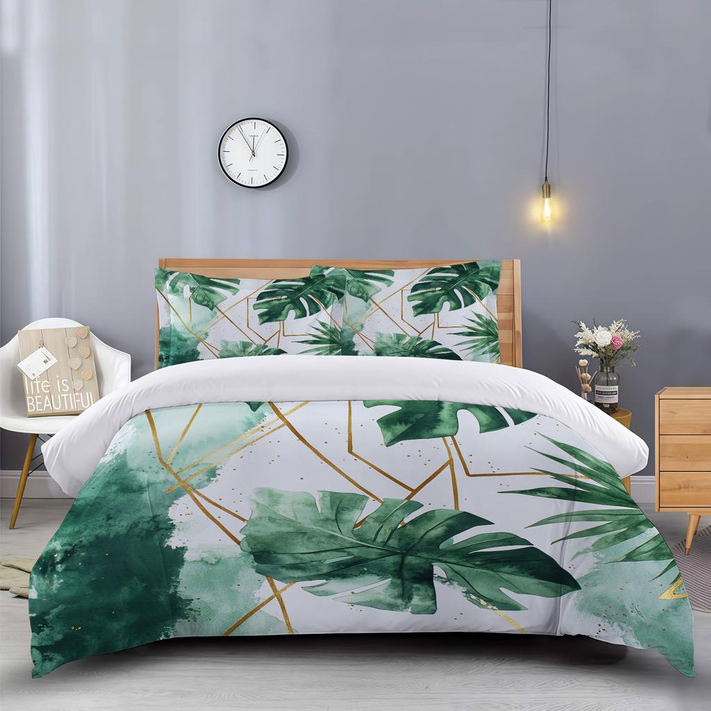 Temu Leaf Shadow Golden Thread Digital Printing Quilt Set Three-Piece Home Textile Kit