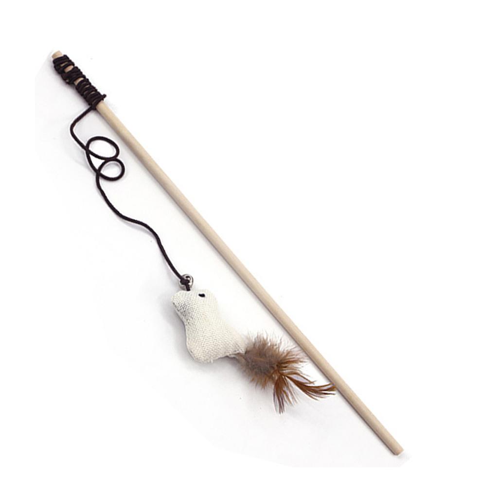 1Pcs Natural Cat Catcher Toy 40cm Wooden Pole With Bell Elastic Pole Turkey Feather Teaser Stick Wooden Pole Linen Feather 28g