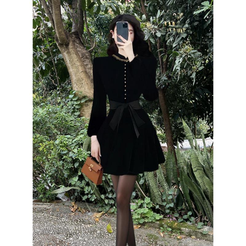 Hepburn Style Black Velvet Long Sleeve Dress – Autumn Short Little Black Dress L