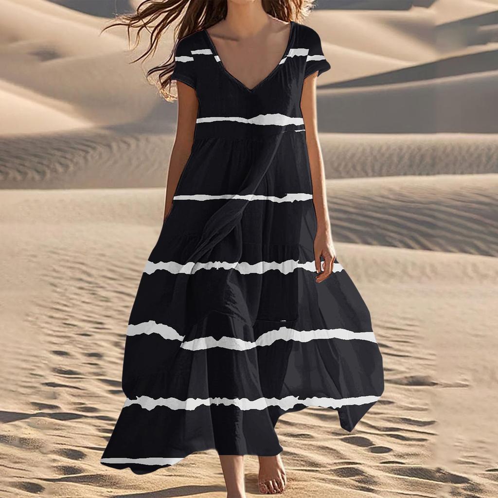 Women's Summer Fashion V-Neck Beach Long Short Sleeve Striped Geometric Print Dresses