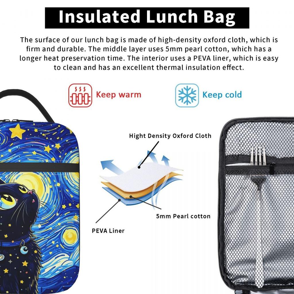 The Black Cat Looks At The Starry Sky Insulated Lunch Bag for Women Cooler Thermal Food Box Tote Leakproof Lunch Boxes Container