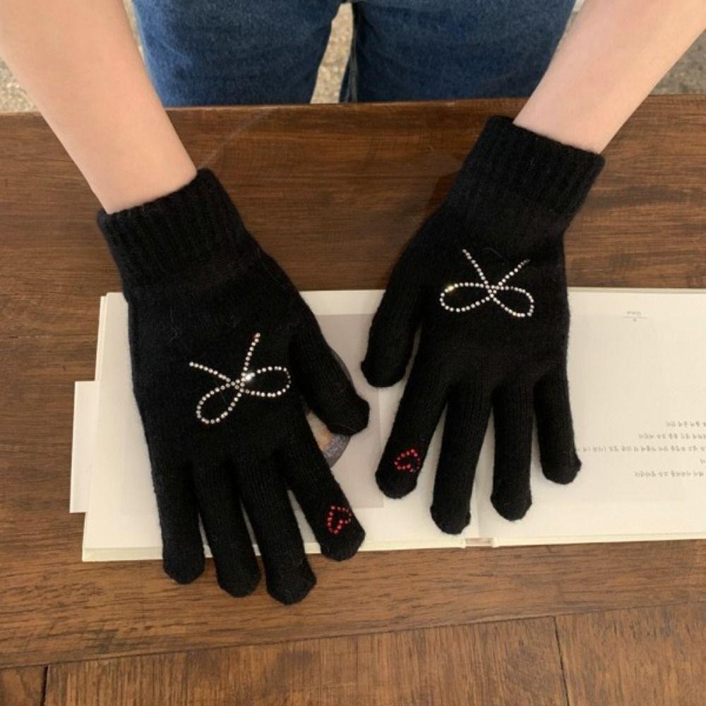 Warm Bow Rhinestone Gloves Thicken Winter Gloves Fashion Knitted Gloves  Girls