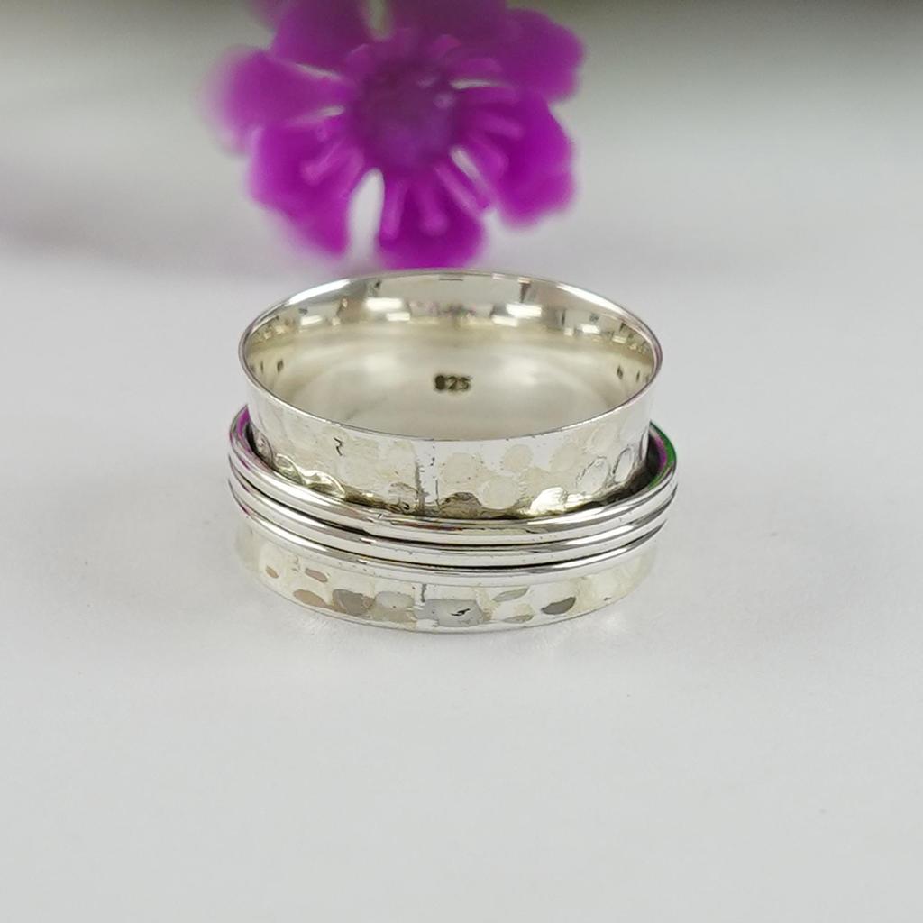 925 Sterling Silver Spinner Ring: Hammered Band Ring: Handmade Meditation Fidget Ring