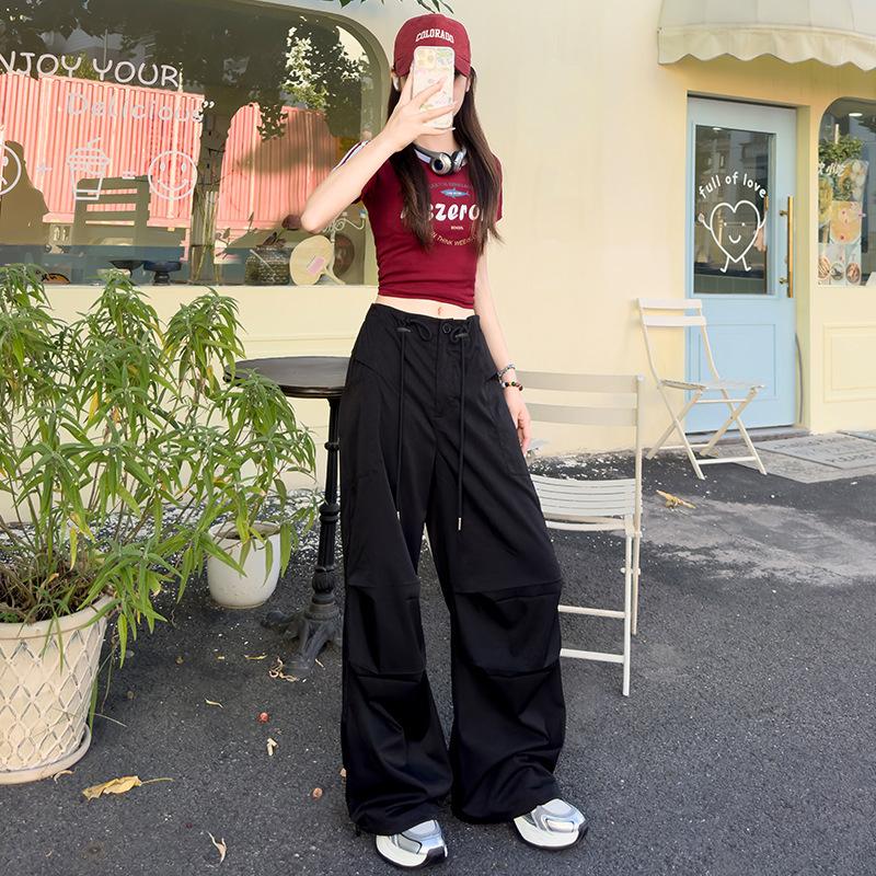 

Paratrooper overalls women s early autumn new high-waisted loose casual wide-leg trousers sports parachute trousers XL чёрный