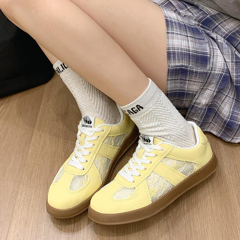 Faux leather lace German training shoes women's 2025 summer new Korean version of platform muffin color matching lace-up casual sports shoes