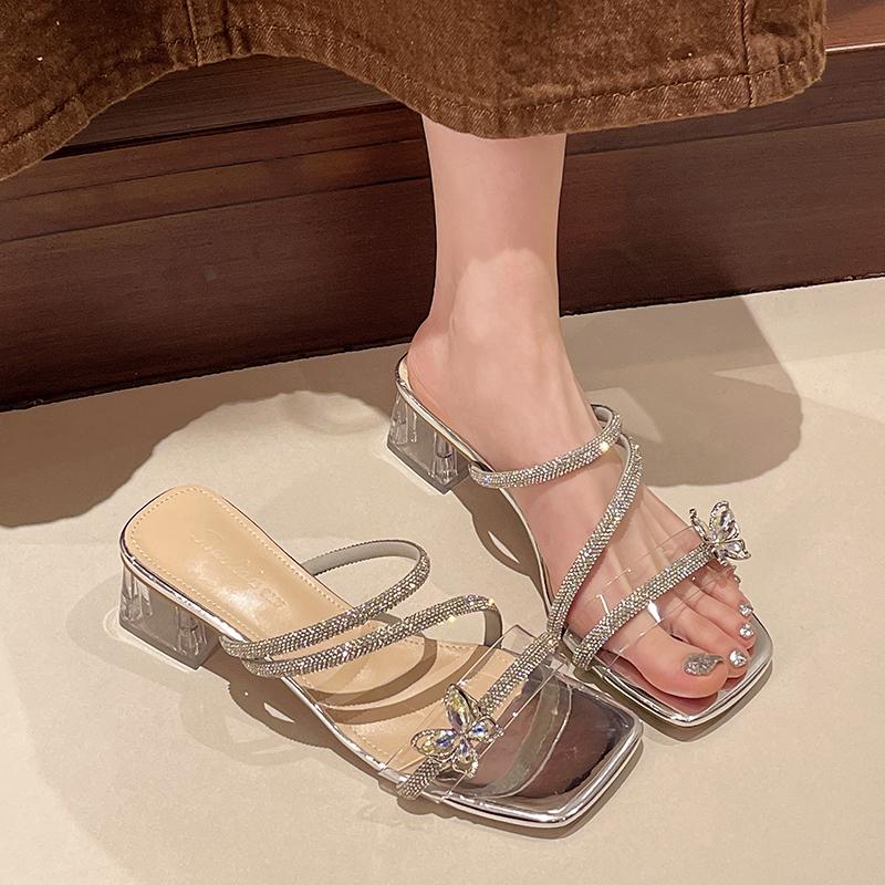 Shoes Woman 2025 Square Heel Transparent Slippers Glitter Slides Fashion Heeled Mules Block Jelly Luxury High Summer Pumps Cryst