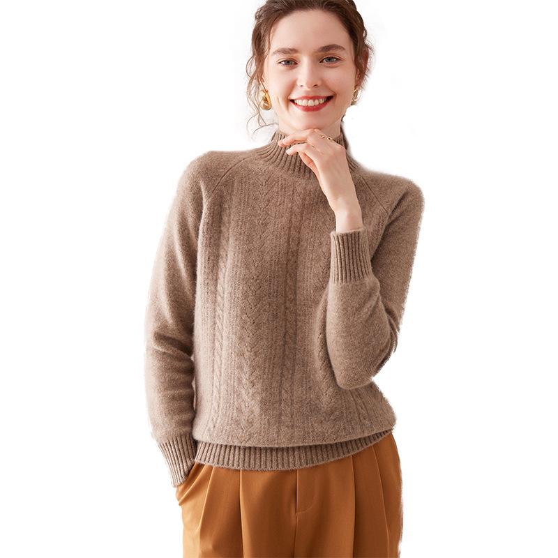 Women's 100% Wool Jacquard Sweater, Half-High Neck, Loose Knit Pullover for Autumn/Winter