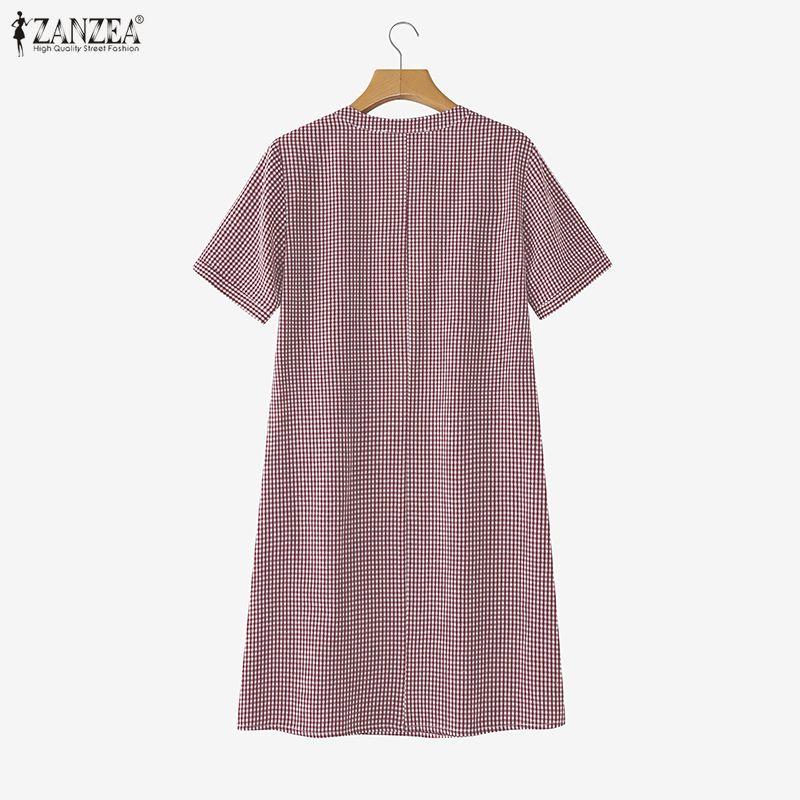 ZANZEA Women Plaid Print Casual V-Neck Summer Short Sleeve Dress
