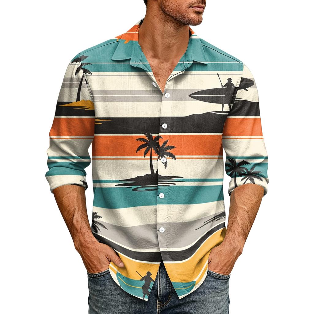 Men's Loose Fit Long Sleeve Shirt Hawaiian Style Casual Button Down Shirt with Spread Collar Suitable for Spring and Autumn