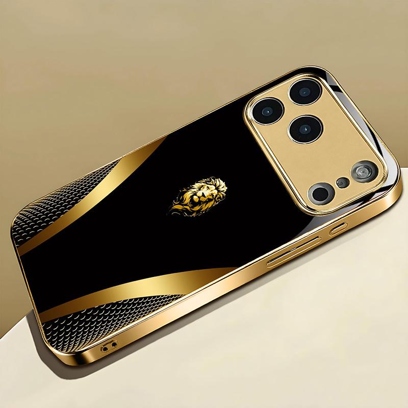 Cool Gold Lion Pattern Gold Metallic Paint Glass Phone Case For iPhone 11 12 13 14 15 16 17 Pro Max 14 Plus 17Air 16E Cover