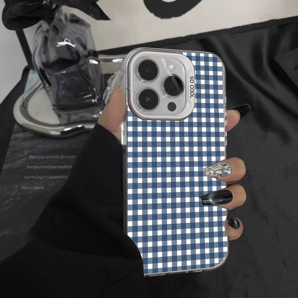 Ins Korean Blue Striped Grid Phone Case For iPhone 17,16,15,14,13,12,Pro,XS,Max,Plus,Mini,SE White Candy Matte Shockproof Cover