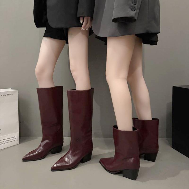 Fashion Winter Thick Heel Pointed Toe Woman Knee-High Boots Ladies Elegant Slip On Long Booties botas de inverno feminina 2025