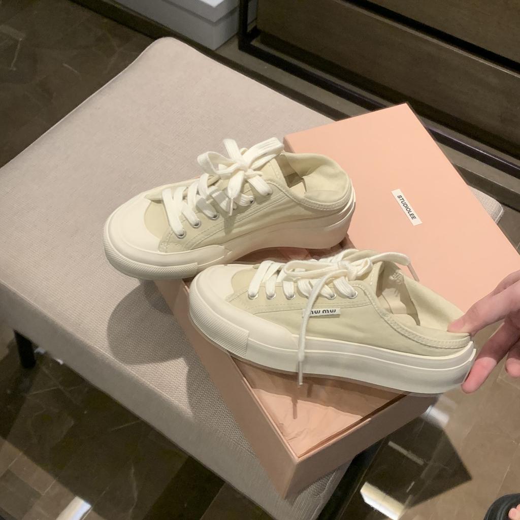 Sheepskin Version~ Leather Round Head Lace-up Breathable Stepping Heel Casual Canvas Shoes Women's 2025 New Board Shoes Little White Shoes