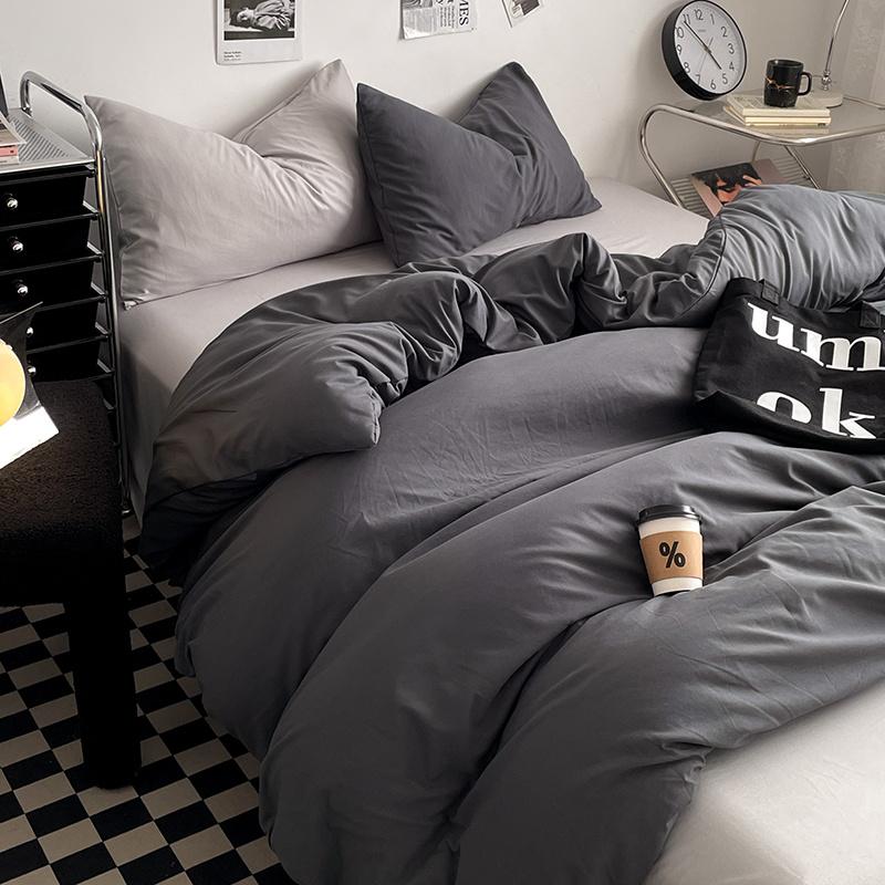 Bettwäsche-Set aus gewaschener Baumwolle 4-teilig Bettlaken-Set Einfarbig Bettbezug Paar Queen King Size Bett Steppdeckenbezug