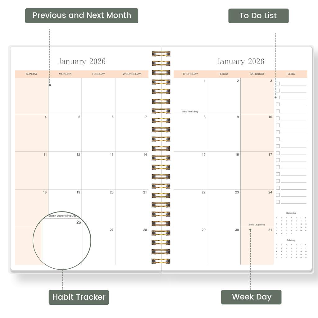 2026 A5 Monthly Planner,Green Butterfly Floral Cover,Academic Agenda with Notes&To Do List,Perfect for Time Management,Good Gift