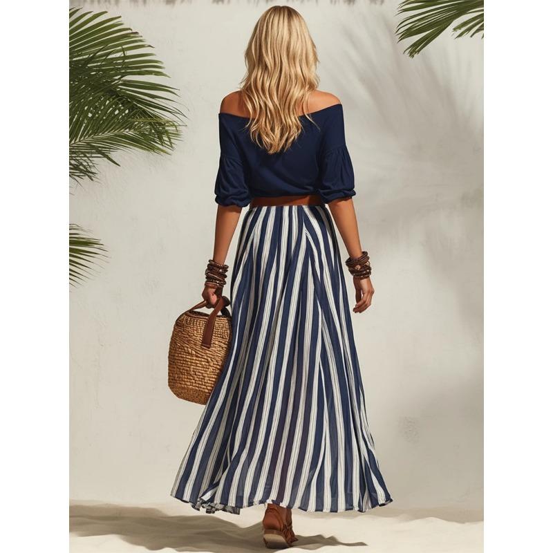 Conjunto Náutico para Vacaciones con Top de Hombros Descubiertos y Falda Larga con Abertura para Mujer