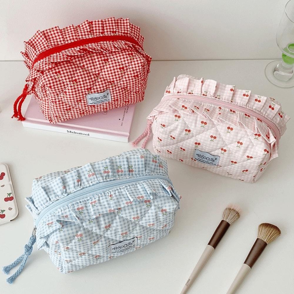 Cute Design Korean Cherry Pencil Case Large Capacity Cloth Plaid Pen Bag  Children