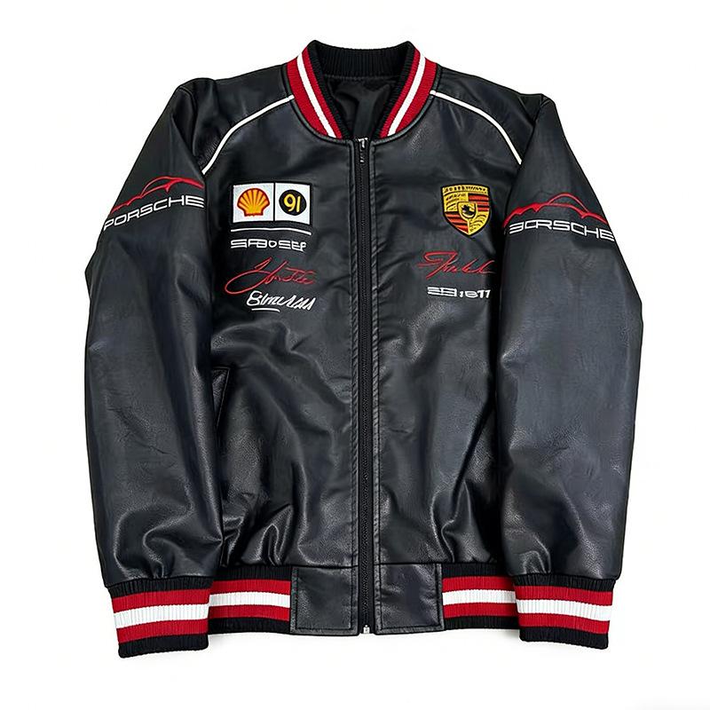 F1 Rennanzug Bestickte Lederjacke - Harley Retro Motorradstil, Baumwoll-Fahranzug, PU-Jacke