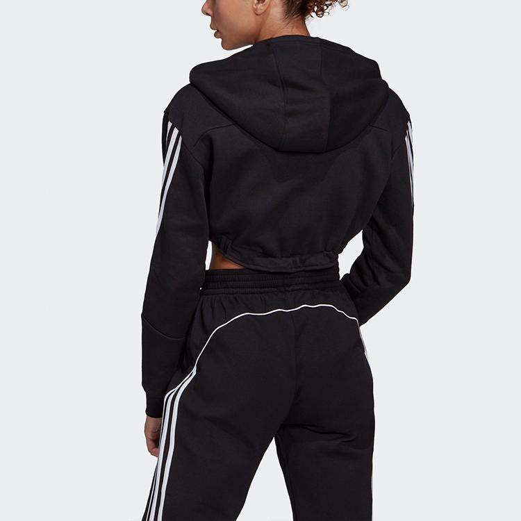 adidas Crop Hoodie Casual Sport Striped Training Pullover Sweatshirt Women Tops Black H47479