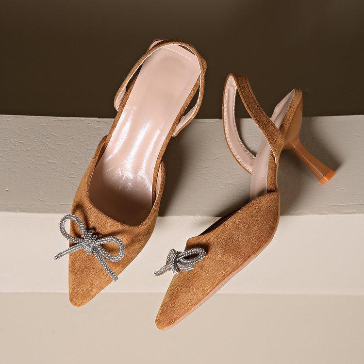 Women's Pointed Back Empty Sandals Rhinestone Bow High Heels Mueller Shoes