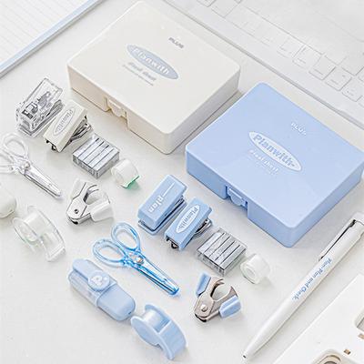 Kawaii 8pc Portable Stationery Multi Functional Tool Box Efficiency Set Puncher Stapler Adhesive Tape Mini School Supplies