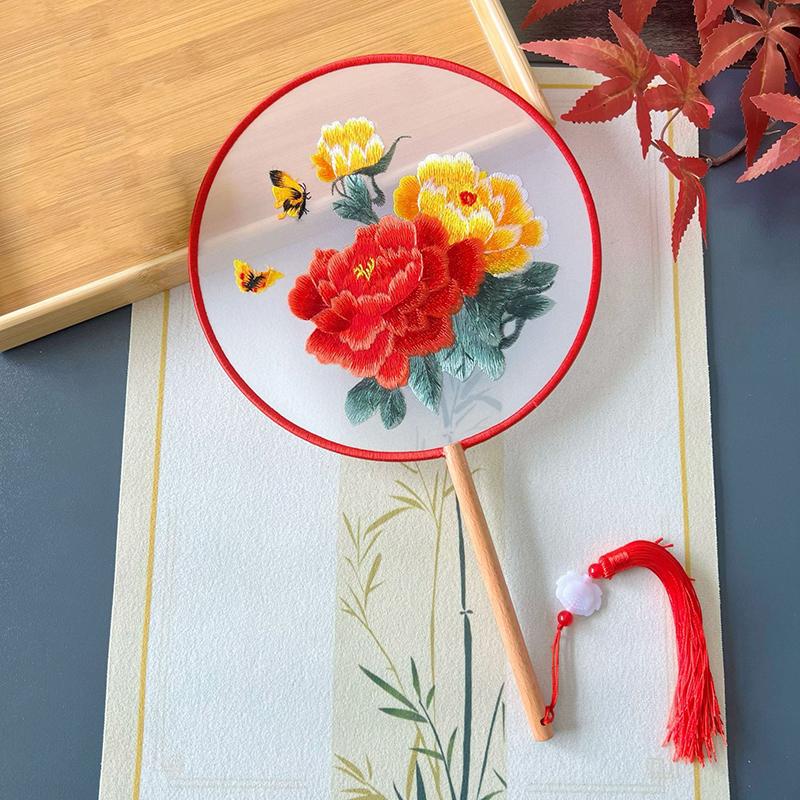 Vintage Doppelseitiger Fächer Blume Stickerei Handfächer Traditionelle Chinesische Kunst Handwerk Hanfu Tanzparty Zubehör Performance Requisiten