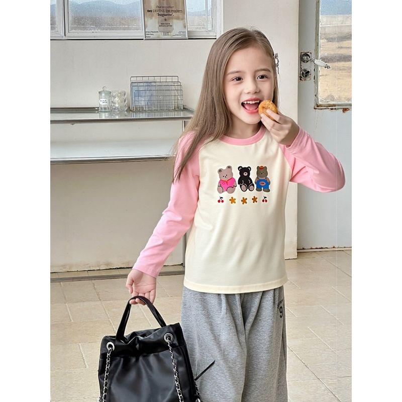 T-Shirt for Girls with Cartoon Bear Print Pure Cotton Bottoming Shirt 2026 Fashionable Kidsren's Clothing for Small and Medium-Sized Kidsren