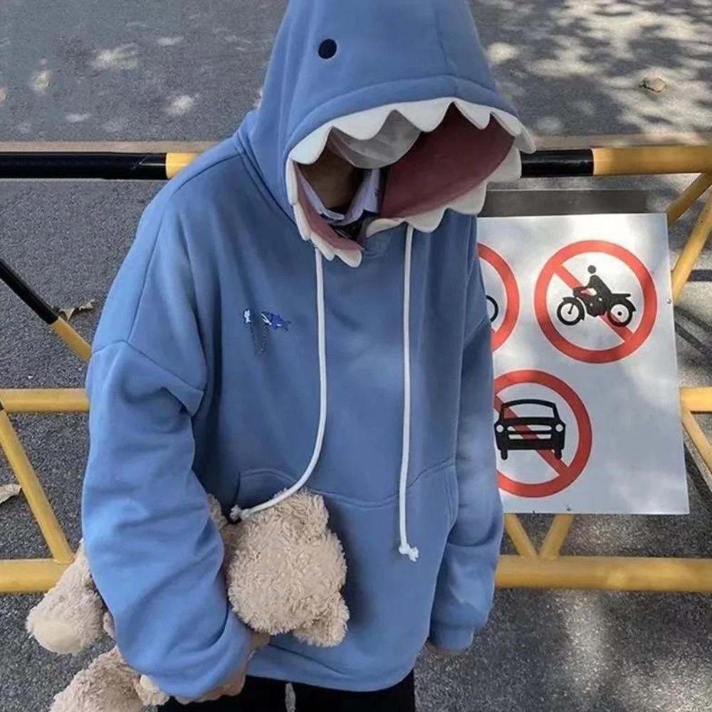 Drawstring Fleece Shark Hoodies Long Sleeve Shark Hat Sweater Hooded Sweatshirts  Couple Clothes