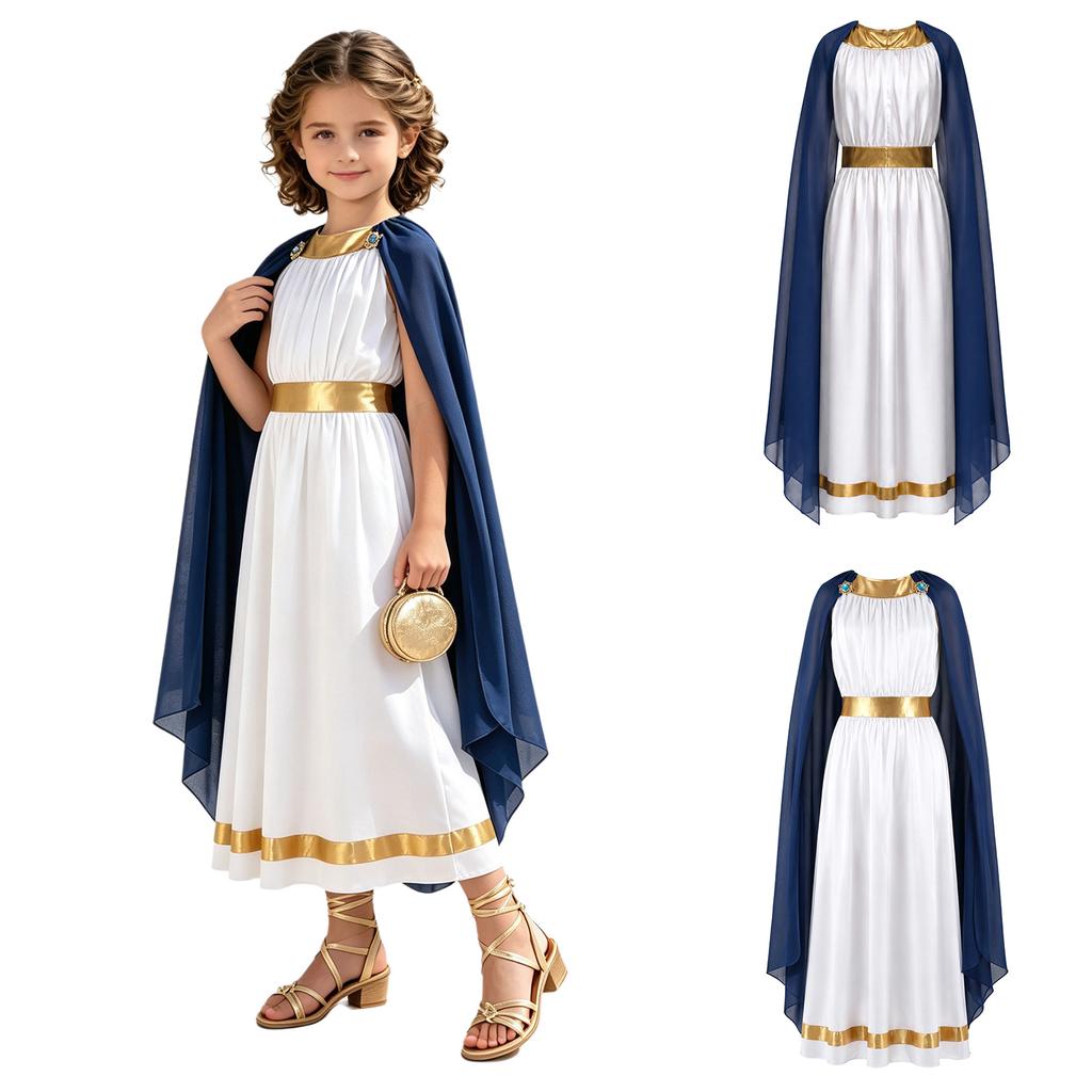 Disfraz Griego Romano para Niñas de Halloween Túnica con Chal Lateral de Contraste Cremallera Trasera Sin Mangas Vestido con Ribete Metálico para Cosplay