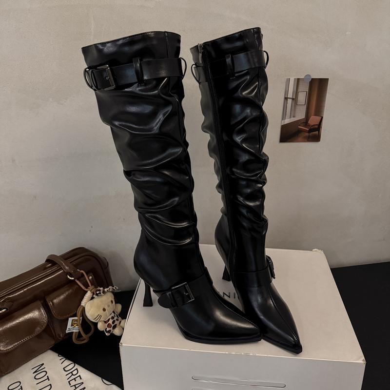 Pointed Toe Thin Sole Stiletto Heel Plus Size Pleated Mid-leg Boots Women's Shoes