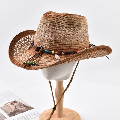 Bohemian Style Straw Cowboy Hat Women Men Hollow Out Sun Protection Beach Hat for Summer, Breathable Straw Material