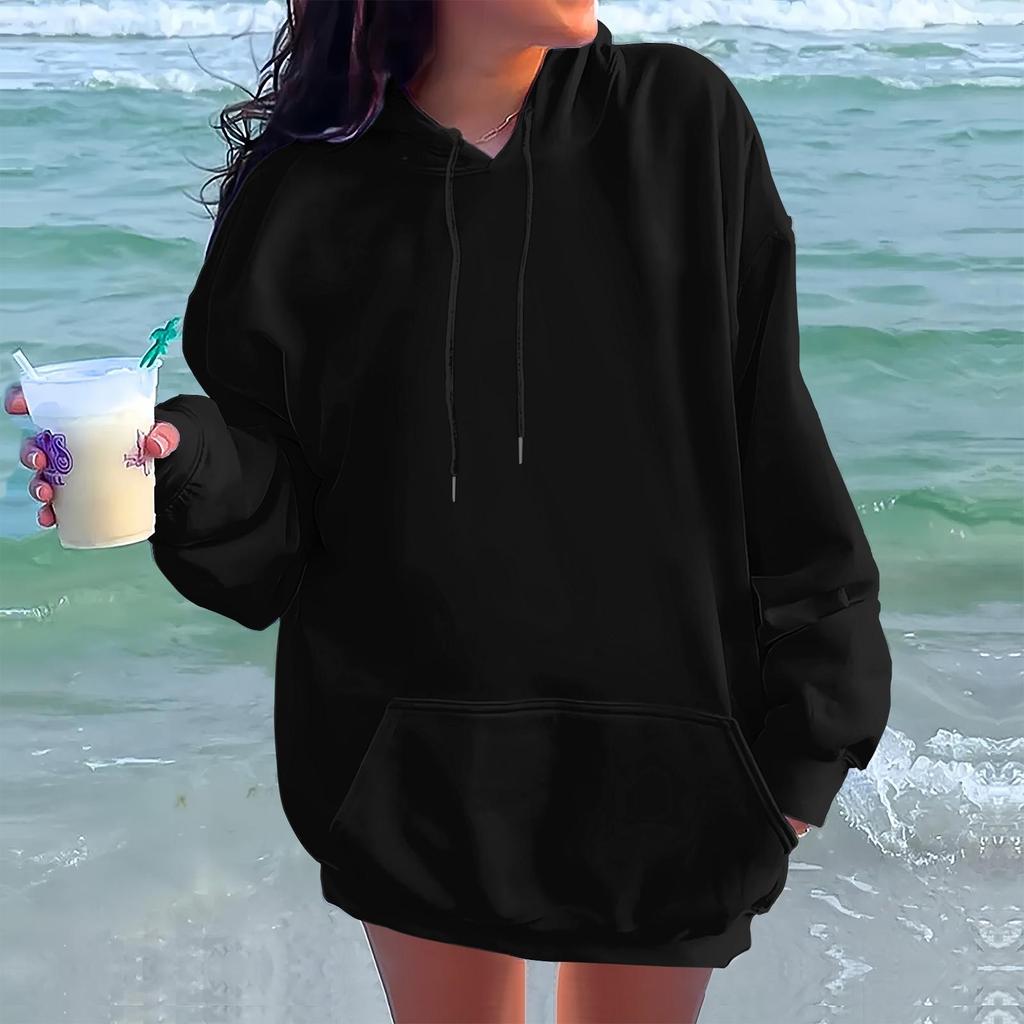 Ladies' Fashionable Casual Long Sleeved Round Neck Hooded Solid Color Hoodie With Threaded Thread