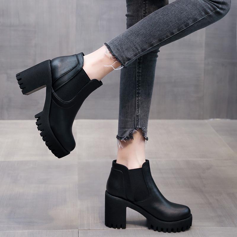 Women Boots High Quality Casual Leather Boots Thick Sole High Heels Boot Black Work Ankle Boots Platform Casual Boot Botas Mujer
