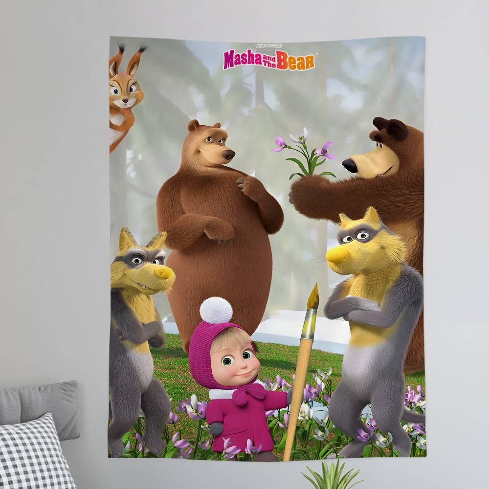 Cartoon MMasha And The BBears DIY Wall Tapestry Hippie Flower Wall Carpets Dorm Decor Wall Art Decor