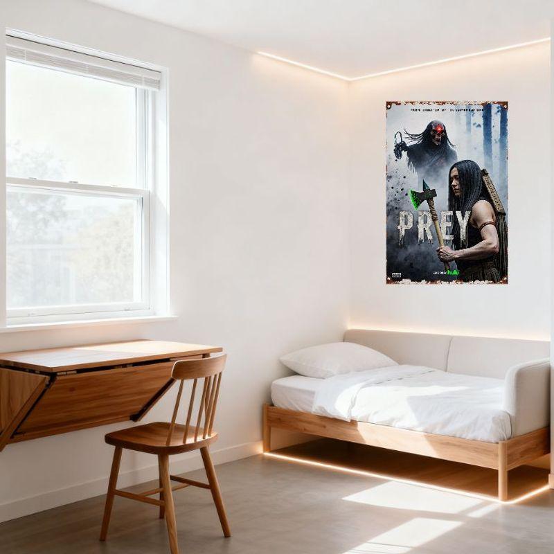 Prey Movie Poster Metal Tin Sign Rustic Weathered Border Skull Figure Axe Woman Horror Movie Plaque for Home Decor