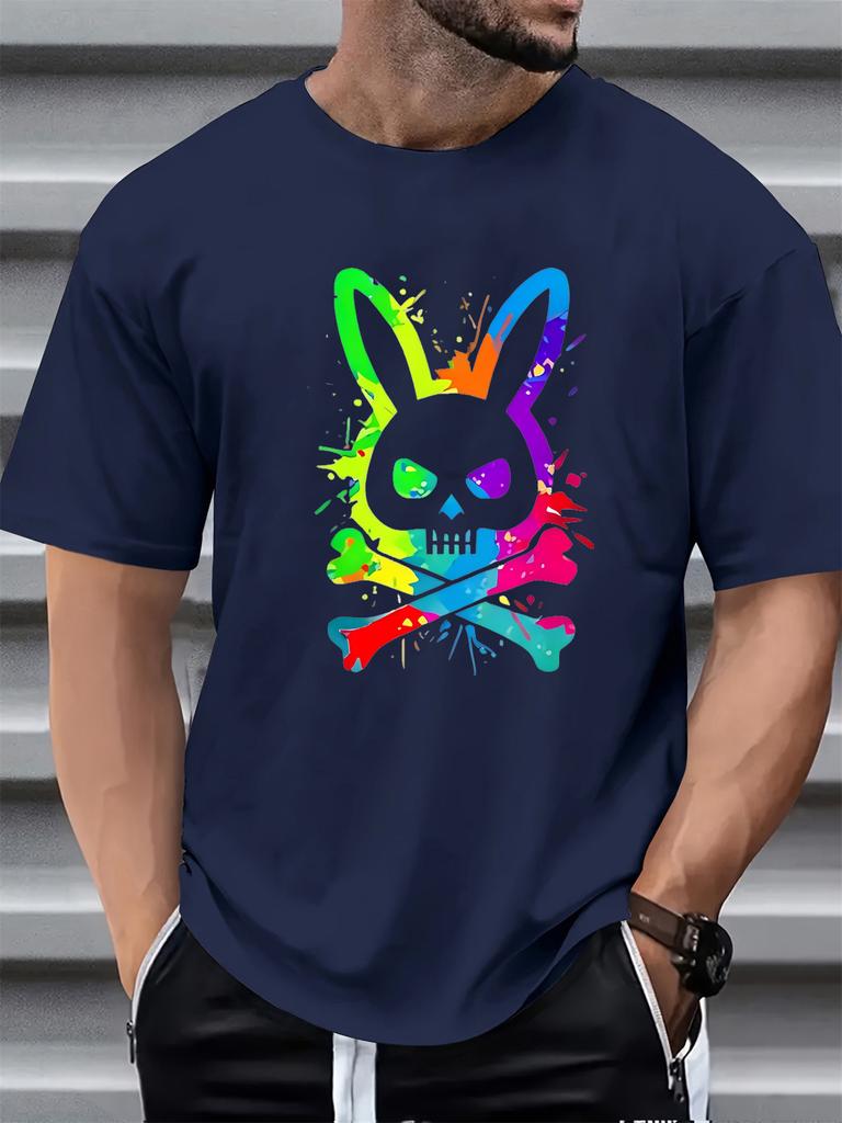 Summer Mens Roundneck ShortSleeved Sports TShirt Skull Rabbit Print 100 Cotton Casual Summer Outfit Breathable Comfortable