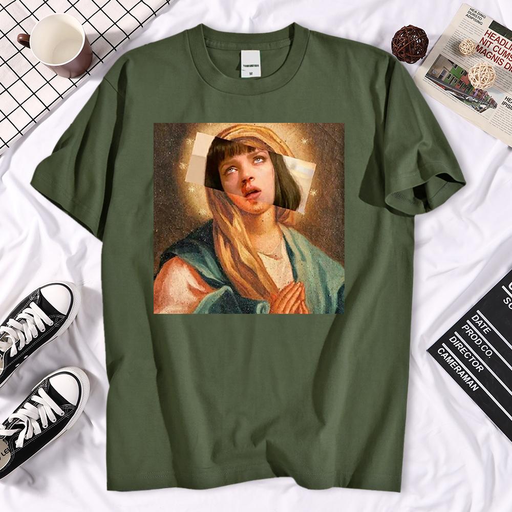 Quentin Tarantino Hip Hop T Shirt Movie Pulp Fiction Virgin Mary T Shirt Men Women Shirt Black Green Streetwear Brand Top Tee