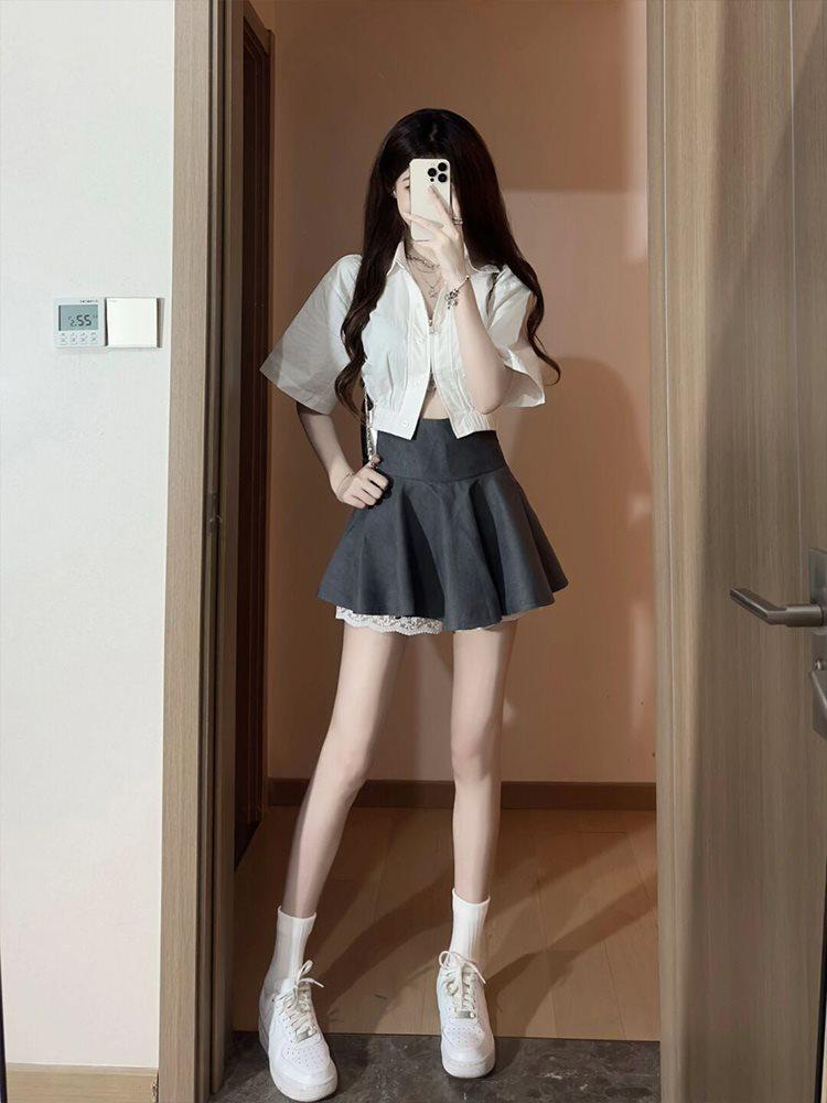 Summer French Chic Short Sleeve Shirt & High Waist Skort Set