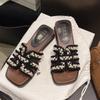 Pearl French holiday cool slippers women's summer wear 2025 new flat-bottomed non-slip with skirt gentle one-word slippers