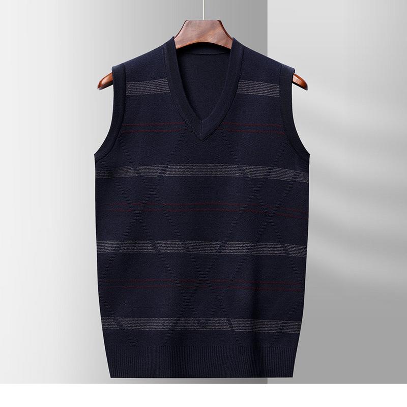 Ležérní pletená vesta pro střední věk a seniory s výstřihem do V, volného střihu, hřejivá, se širokými pruhy, novinka pro podzim a zimu