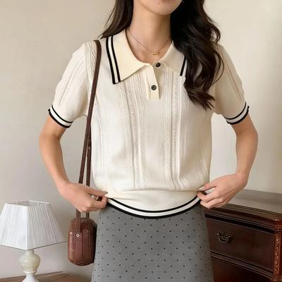Maglione Polo a Maniche Corte in Maglia Pointelle Treccia Crop Top Estivo per Ragazza Golf Chic Retro Tennis