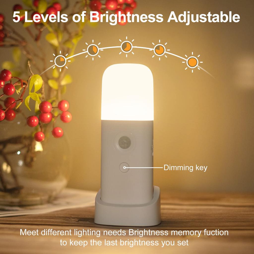 YELKO Motion Sensor Night Light, 2000mAh Rechargeable, Portable Dimmable Night Light with 5 Brightness Levels for Kids and Adults, Plastic, White