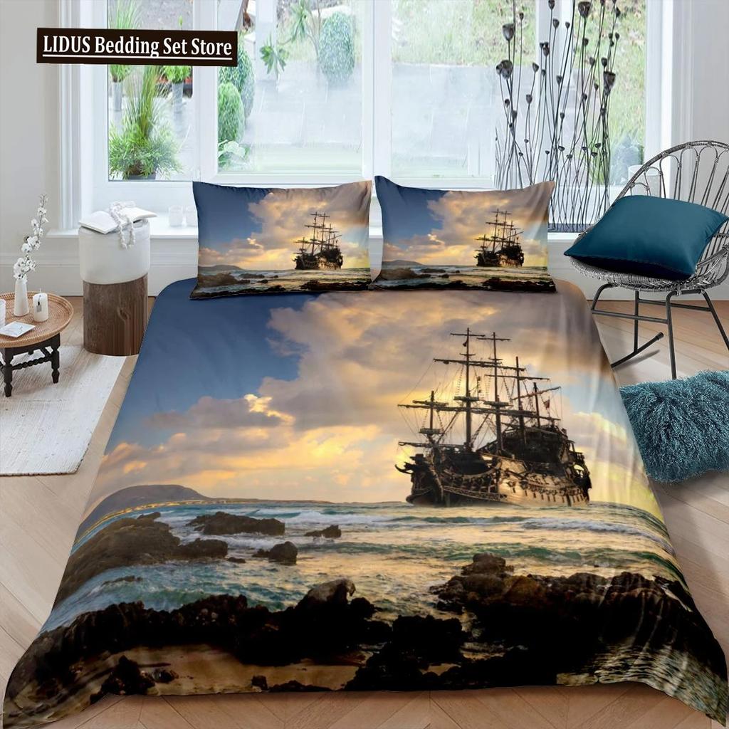 Pirate Duvet Cover Set Queen Sailboat Comforter Set Nautical Ocean Bedding Set Cool Style Quilt Co