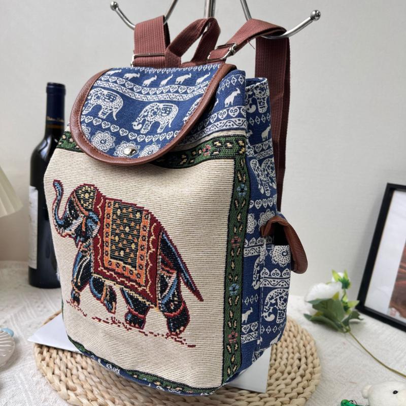 Damen Ethnisch Elefantenmuster Rucksack Leinwand Kordelzug Schultasche Vintage Reise Tagesrucksack Umhängetasche