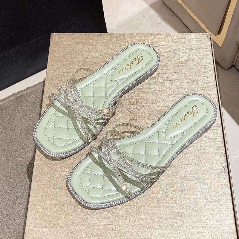 

Fashion rhinestone flat-bottomed cool slippers for women s outer wear summer new niche casual beach cool slippers 40 зелёный